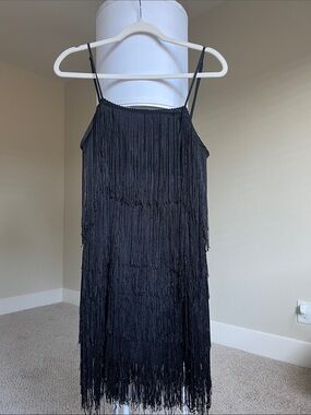 Fashion Nova Black Fringe Spaghetti-Strap Mini Dress